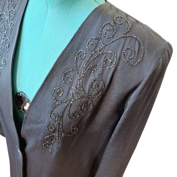 Vintage 90s Black Rayon Beaded Collarless Jacket Blazer Goth Women Size 12 Large - Picture 2 of 8
